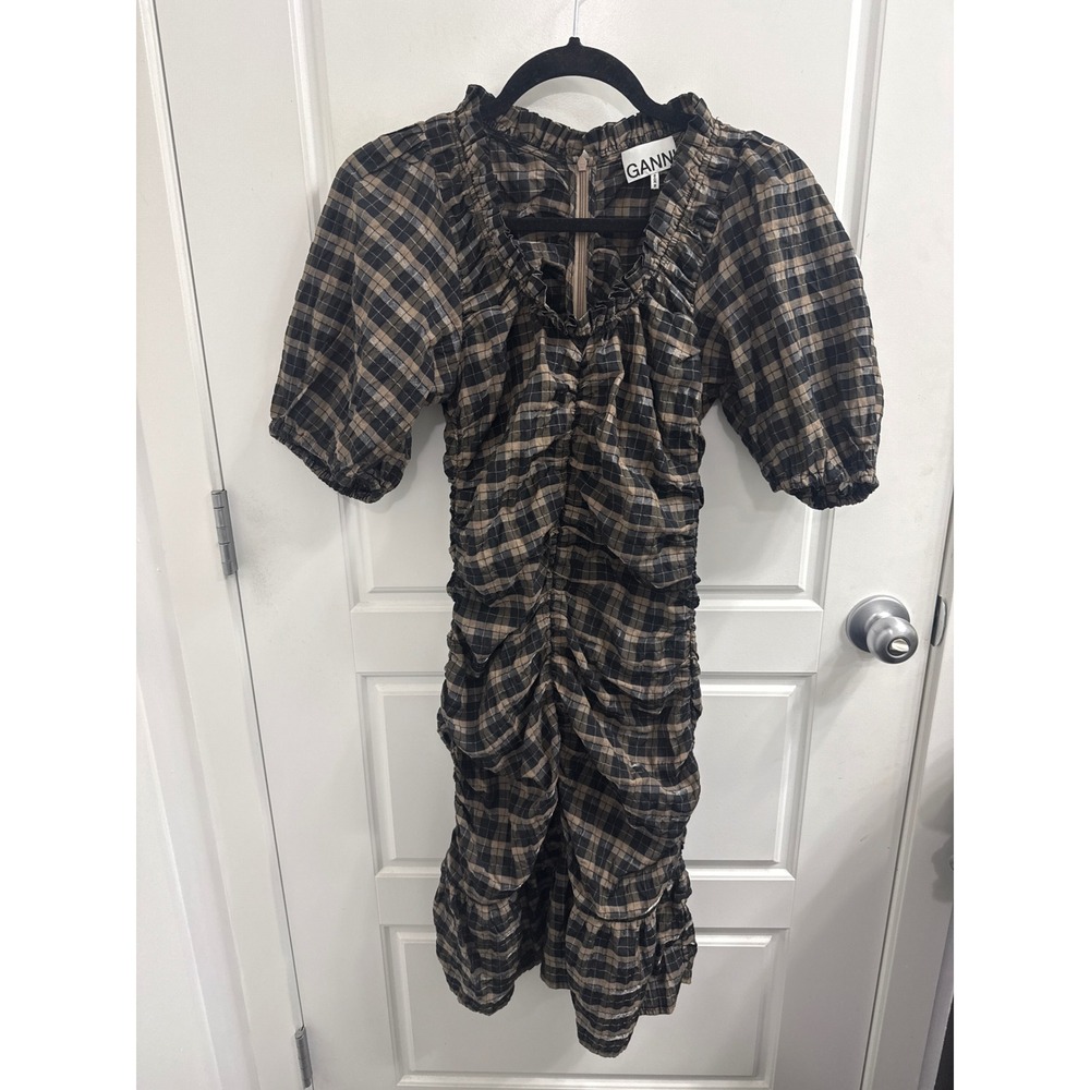 Ganni‎ Seersucker Check Ruched Puff Sleeve Midi Dress Black Tan Plaid Size 34